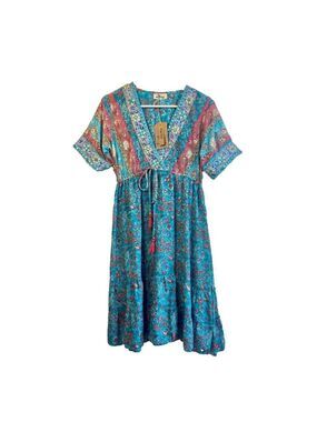 Boho Teal Paisley Midi Dress with Tassel Tie